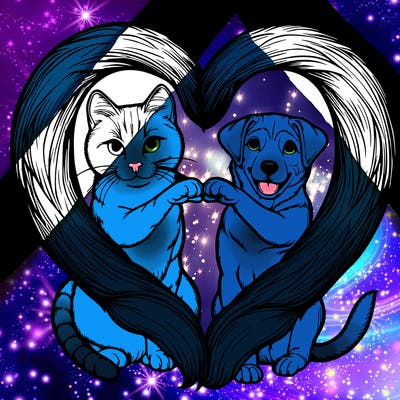 realistic cat and realistic dog making a heart with there tails and there's a cat and dog in the heart