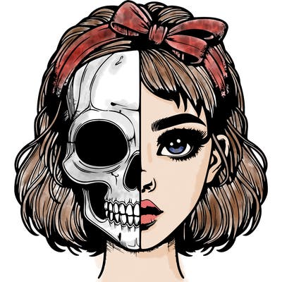 realistic girl with half skull mask