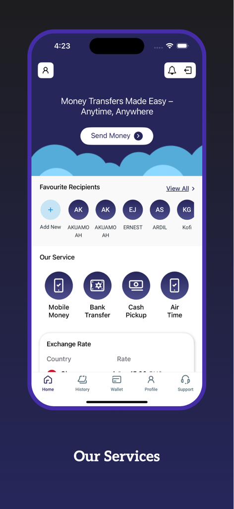 UnityLink - Money Transfer - UnityLink mobile app dashboard showing options to send money via mobile money bank transfer cash pickup and airtime