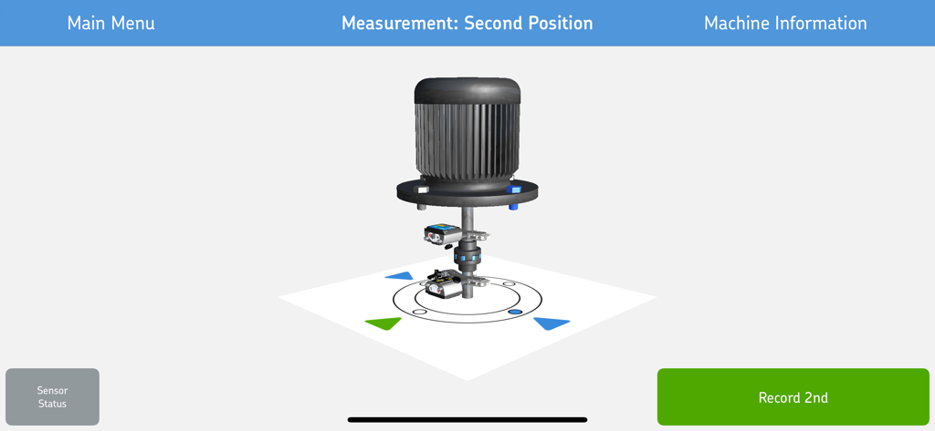 SKF Vertical Shaft Alignment app interface showing a 3D animation of a machine during measurement