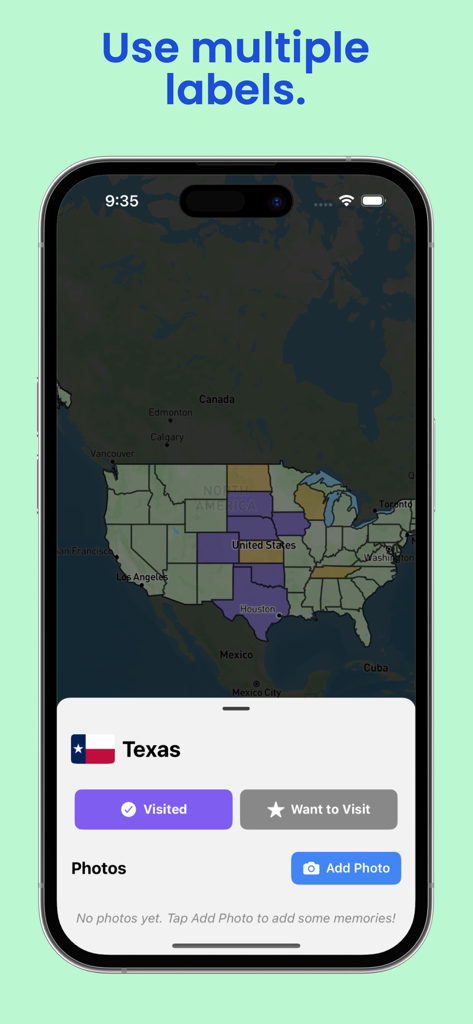 USA States - Map Tracker - USA States Map Tracker app interface showing a map of the United States with options to label Texas as visited and add travel photos
