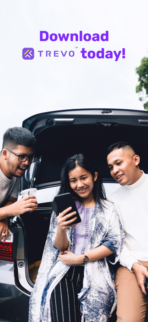 Trevo - Car Sharing Done Right - Three young adults smiling and looking at a smartphone while sitting on an open car trunk