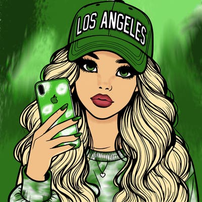 realistic beautiful girl wearing los ángeles cap holding an iphone