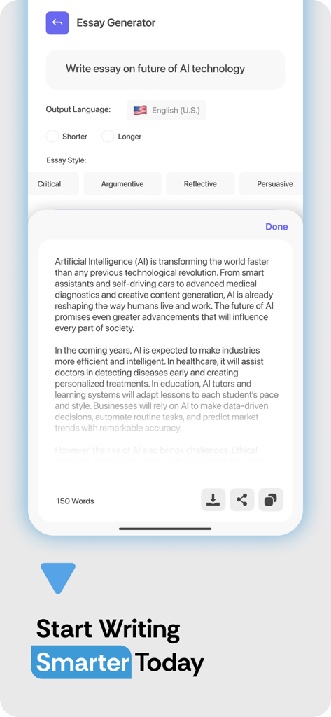 AI 기술의 미래에 대한 샘플 에세이와 함께 AI 에세이 생성기 기능을 보여주는 TurniTin 앱 인터페이스