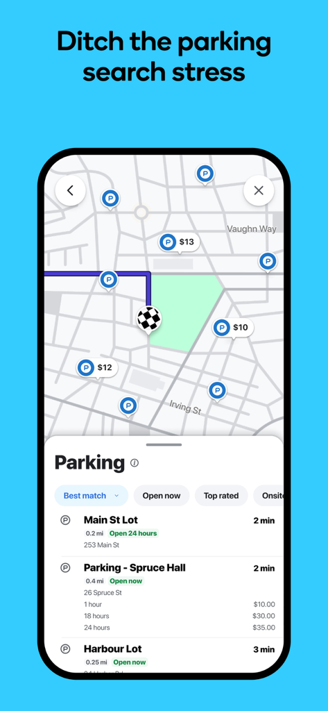 Waze app screen showing a map with nearby parking lot locations and their hourly prices