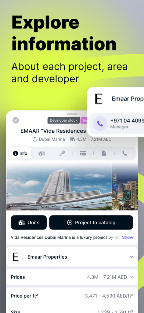GenieMap - quick estate search - A mobile app screen of GenieMap displaying detailed information for a luxury real estate project in Dubai Marina including pricing and developer info