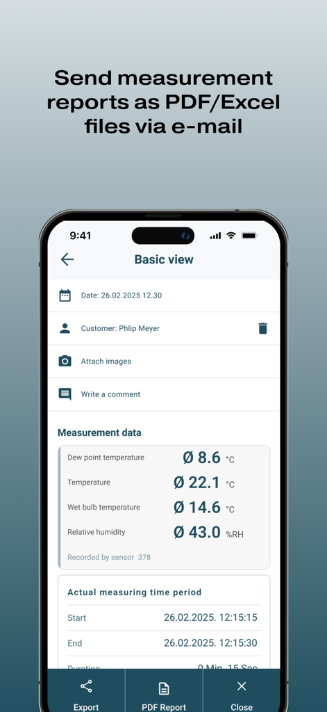 testo Smart - Tela do app testo Smart exibindo dados de medição e opções para exportar relatórios em PDF