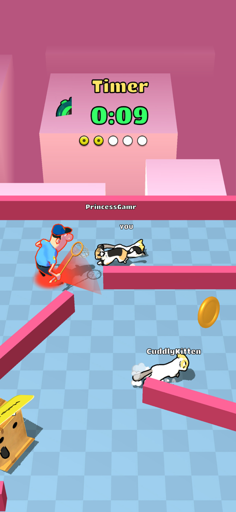 Purrfect Cat Escape: Hide Seek - A cartoon chaser with a net pursuing cute cats in a colorful 3D hide and seek arena