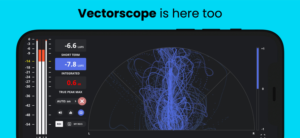 Youlean Loudness Meter Lite app interface showing the vectorscope for audio phase and stereo imaging analysis on a smartphone screen.