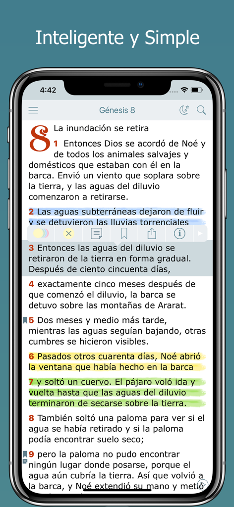 La Biblia NTV en Español Audio - Spanish NTV Bible app interface showing highlighted scripture on an iPhone