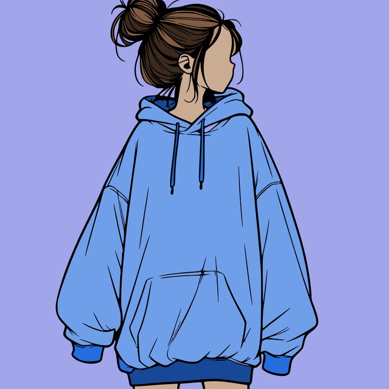 realistic girl with a oversized sweatshirt on and a bun