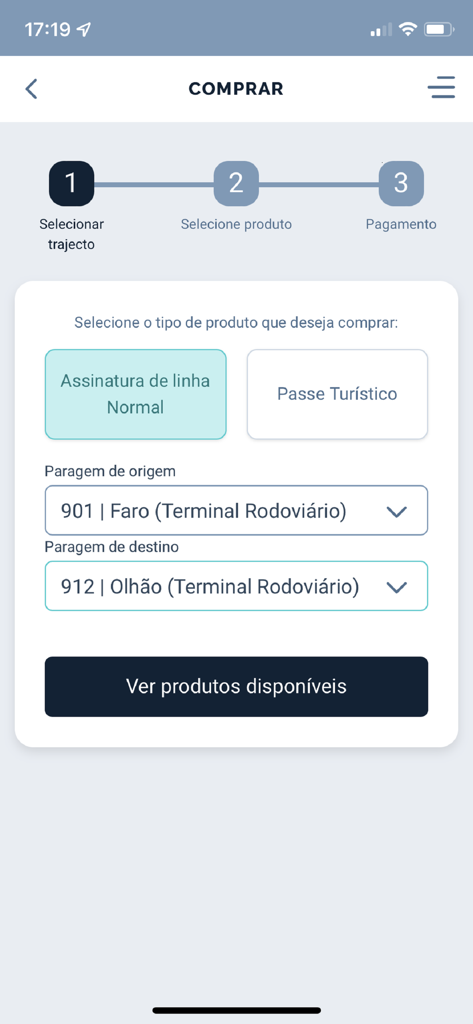 Interface of the Vamus Algarve mobile app showing the first step of the ticket purchase process for a bus trip from Faro to Olhao