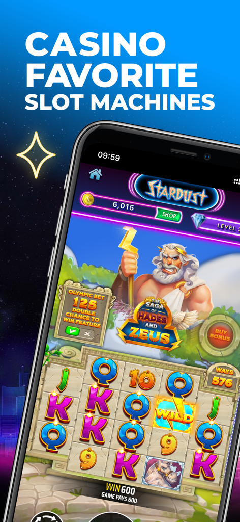 A smartphone screen displaying a Zeus themed slot machine game from the Stardust Social Casino app.