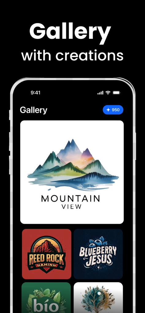 AI Logo Maker & Art Generator - Interface of a logo maker app showing a gallery of AI created designs