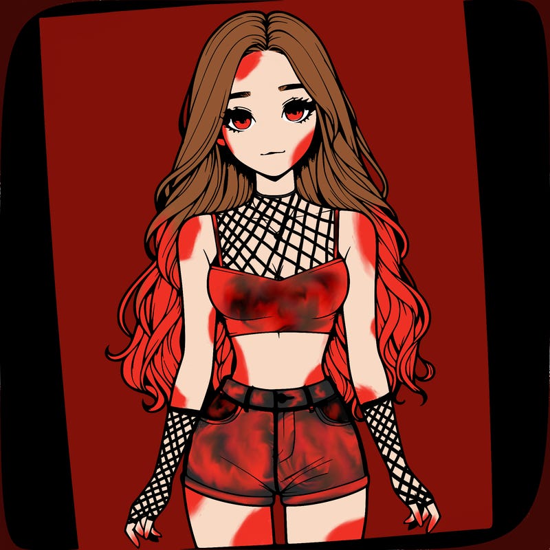 a realistic girl with long hair and in a crop top and shprts