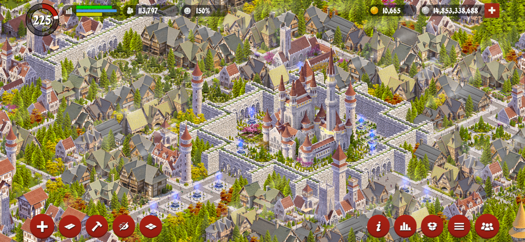 Designer City: Medieval Empire - High angle view of a vast medieval city layout featuring a central castle and lush gardens