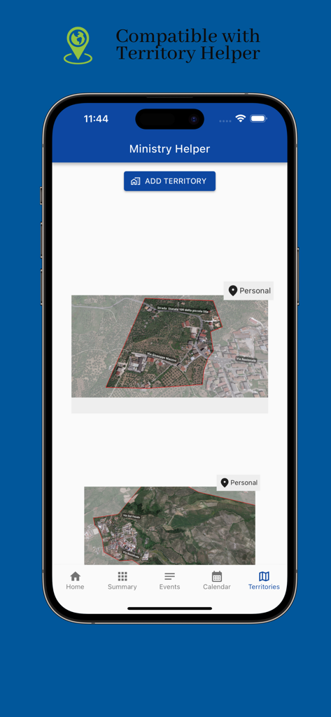 Interface do aplicativo Ministry Helper mostrando mapas de territórios via satélite para gerenciamento de serviço de campo JW.