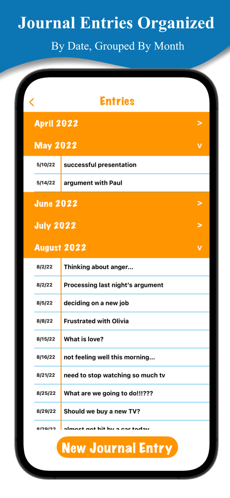 Emoji Journal - Screenshot of the Emoji Journal app showing journal entries organized by date and grouped by month.