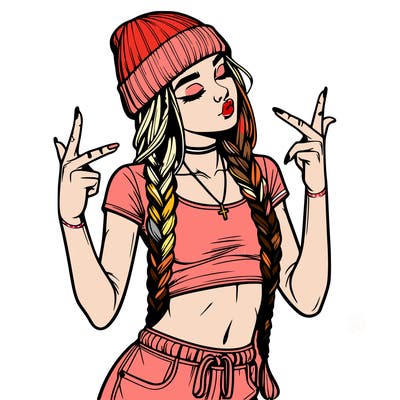 realistic teenage girl with braids and a beanie and crop top doing 🫶🏼