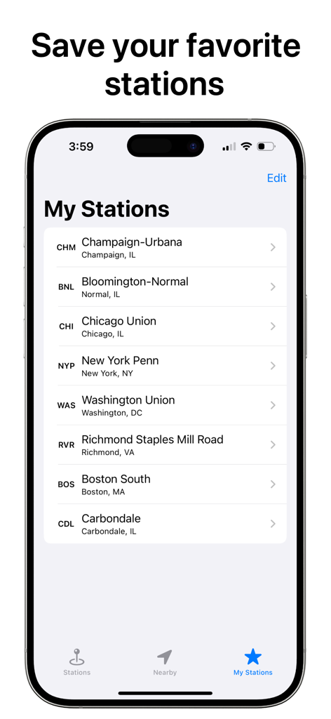 A list of favorite Amtrak stations saved in the TrainTrack app.