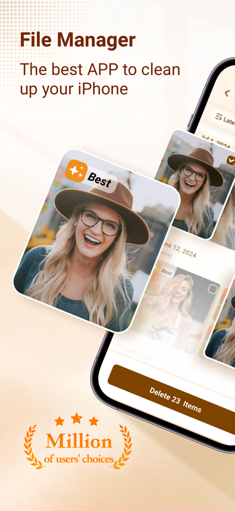 Space Cleaner: File Manager - Captura de pantalla de la app Space Cleaner que muestra la eliminación de fotos duplicadas y la limpieza de almacenamiento para iPhone