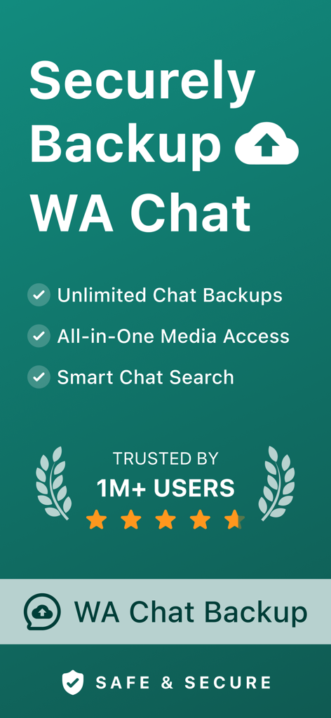 Promotional screen for WT Chat Backup Restore Delete showing features like unlimited backups and media access trusted by 1M users