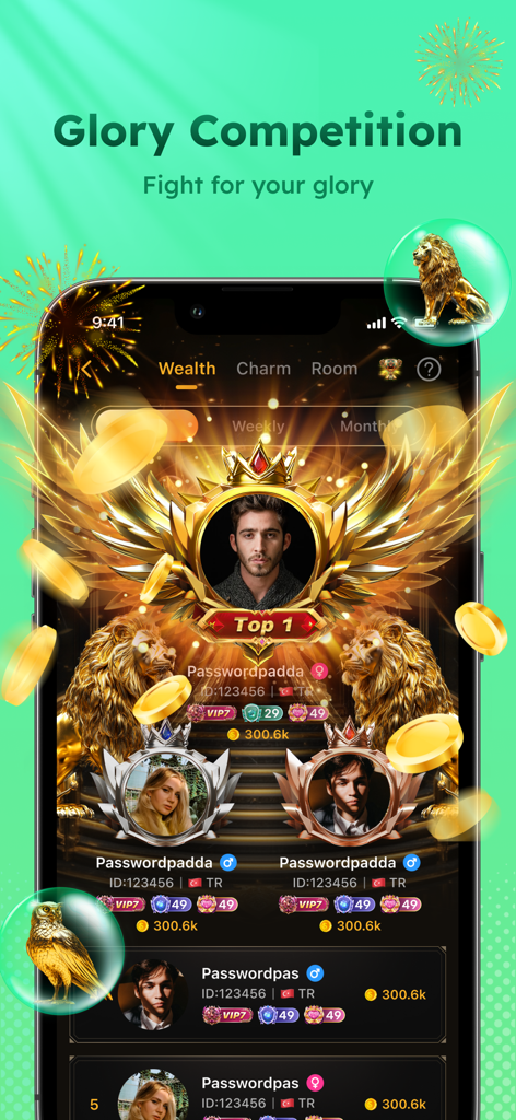 Screenshot della classifica di Glory Competition nell'app Dana che mostra gli utenti meglio classificati con cornici dorate e premi virtuali