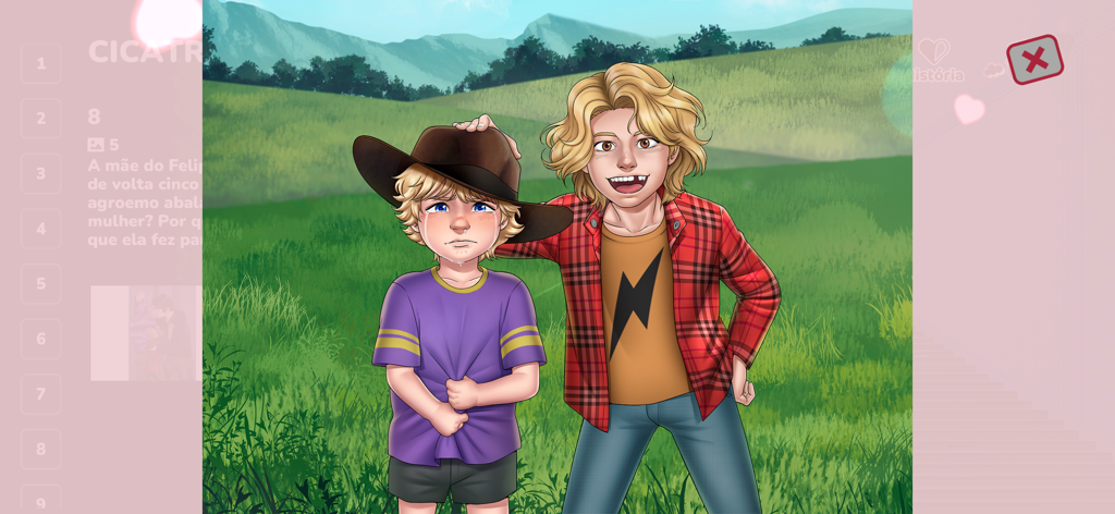 Entre Laços e Amassos - Illustration of two young boys in a grassy field from the game Entre Lacos e Amassos