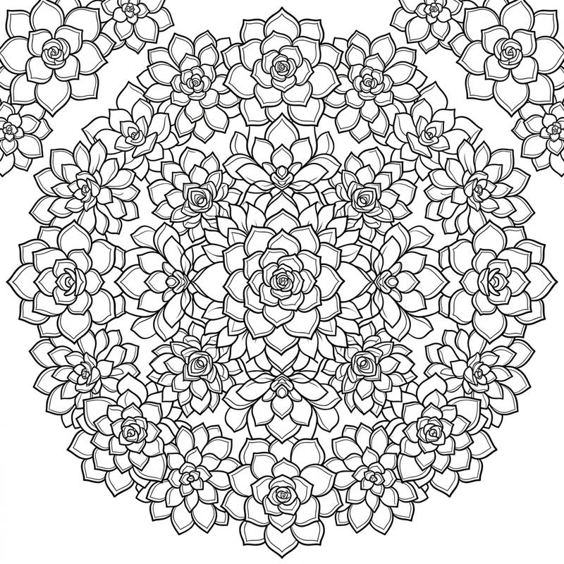 Unleash your child's creativity with this vibrant succulent mandala coloring page, perfect for young artists aged 4-8. Its engaging design features clear, detailed succulent rosettes arranged in a beautiful, symmetrical pattern.