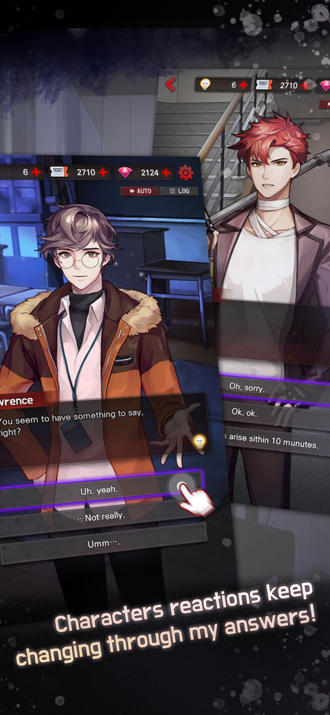 Dangerous Fellows - otome game - Gameplay screenshot of Dangerous Fellows showing character dialogue and response options.