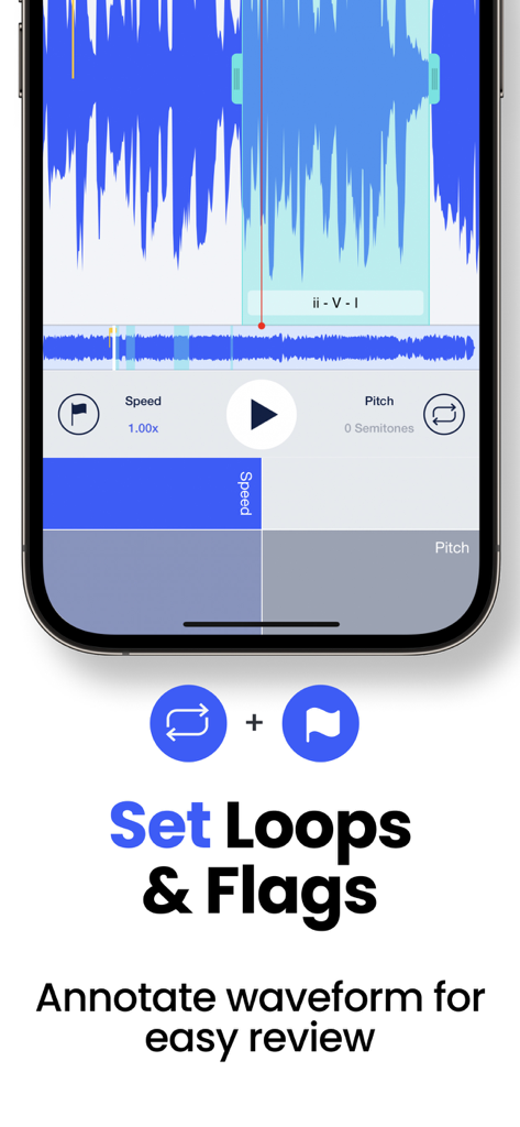 Speed Changer | Transcribe+ - Transcribe plus app interface showing loops and flags set on an audio waveform for music practice