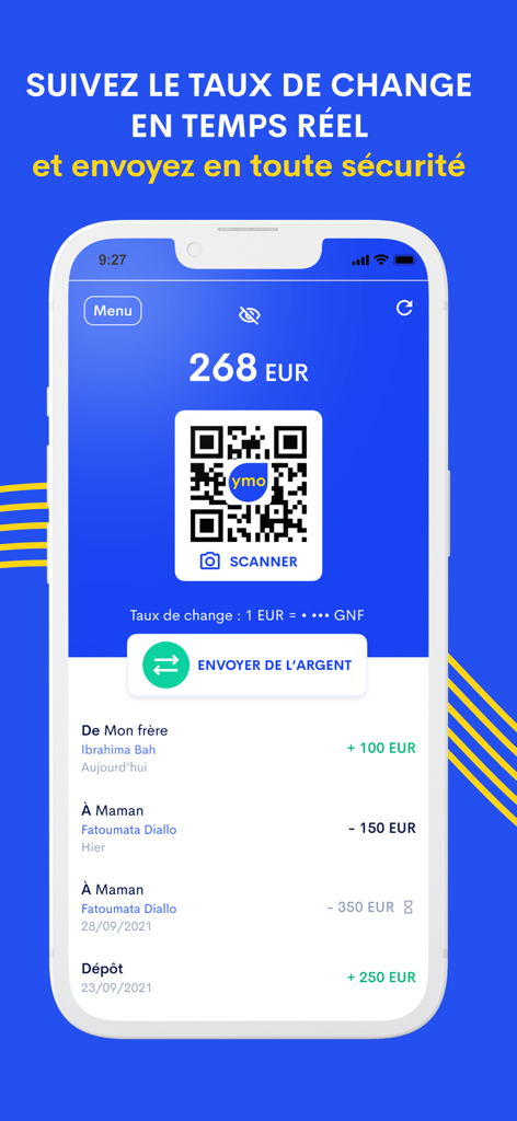 YMO - Transfert d'argent - YMO app dashboard showing balance, transaction history, and money transfer options.