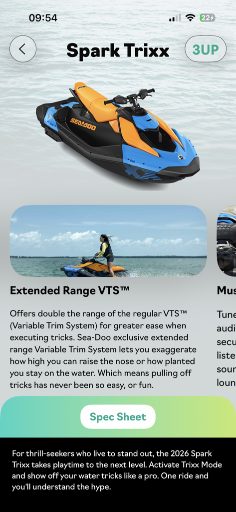 Sea-Doo UK - Mobile app screen for Sea-Doo Spark Trixx showing watercraft features and spec sheet button
