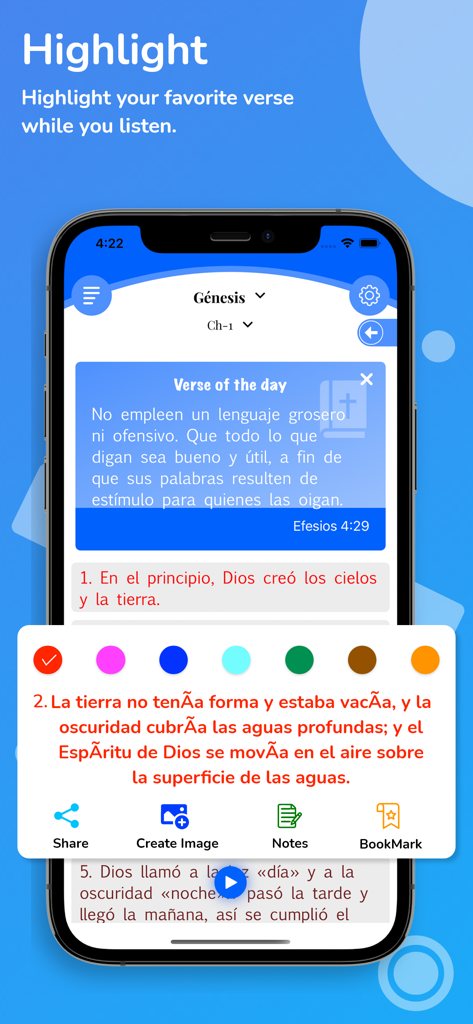 Holy Bible Reina Valera +Audio - Screenshot of the Holy Bible Reina Valera app illustrating verse highlighting and daily devotional features