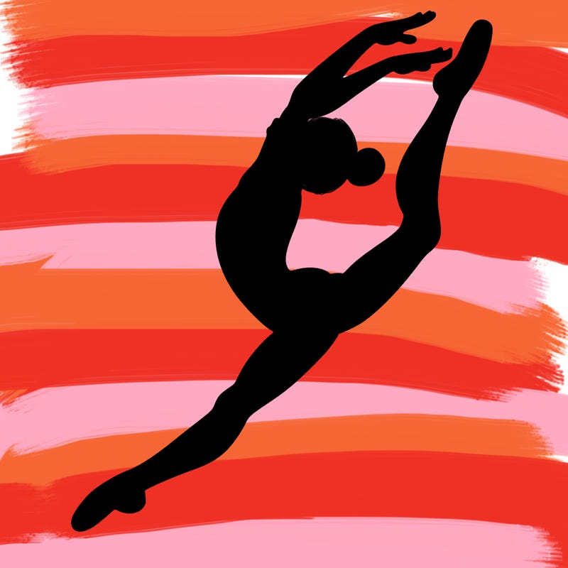gymnast doing a leap in a leotard with a bent back leg