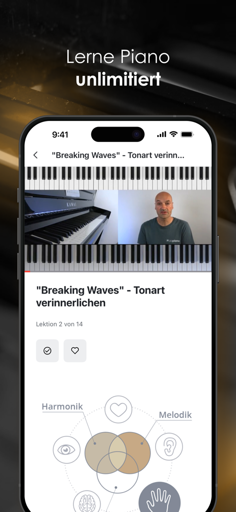 Zapiano app displaying a video piano lesson with a split-screen view of a tutor and a piano keyboard