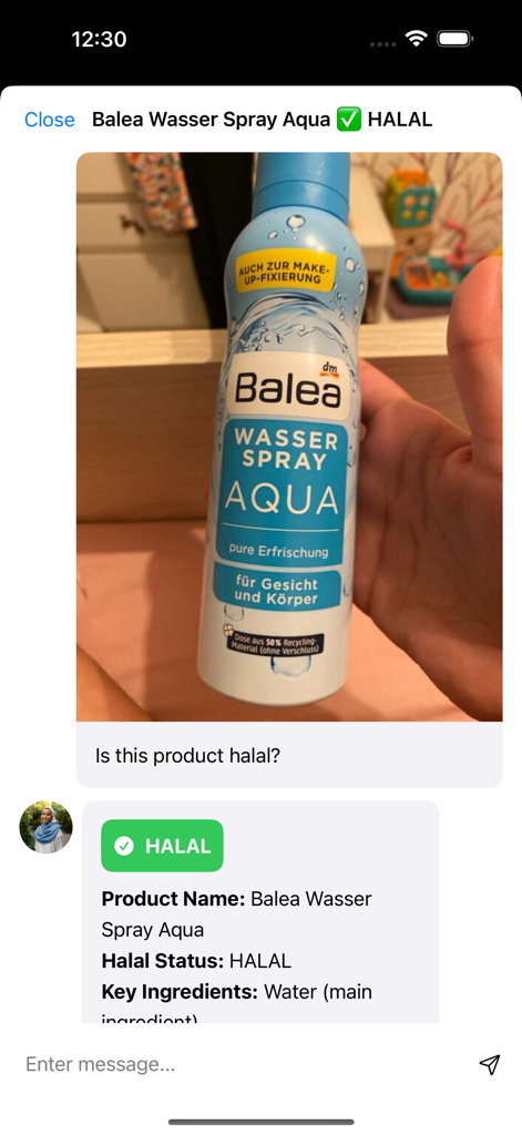 AI scanner app interface showing halal status for a water spray product