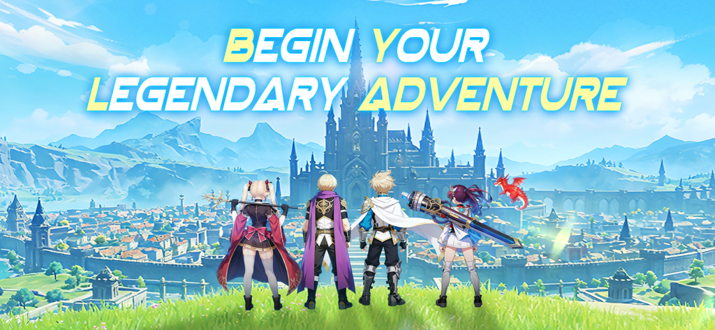 Four characters overlooking a grand fantasy castle in Forestia Legends