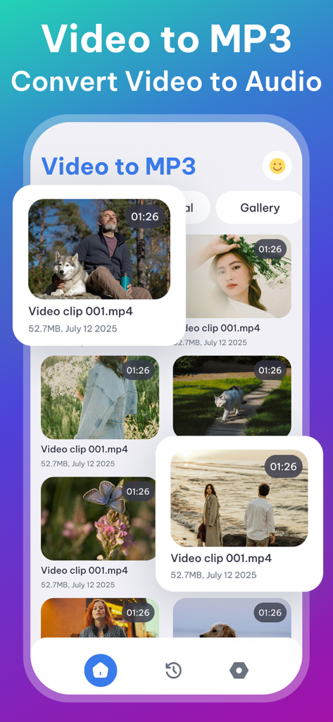 Video to MP3: Audio Converter - Mobile app interface of Video to MP3 showing a gallery of video clips ready to be converted into audio files.