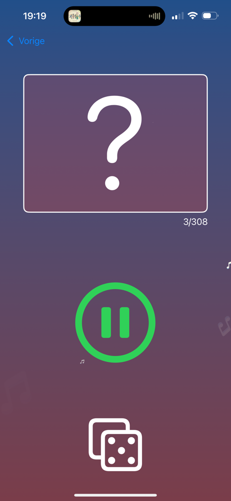 Beatster - Beatster app music trivia interface with a question mark card and pause button