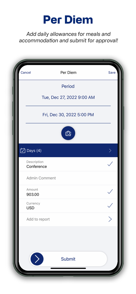 Continia Expense App interface for submitting daily allowances and travel expenses