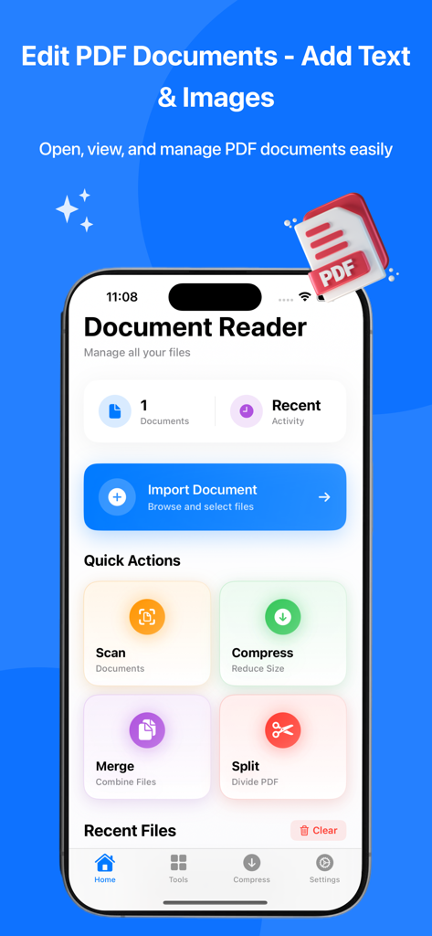 PDF Reader Pro App Haupt-Dashboard mit Werkzeugen zum Scannen, Komprimieren, Zusammenführen und Aufteilen von Dateien auf einer iPhone-Oberfläche.