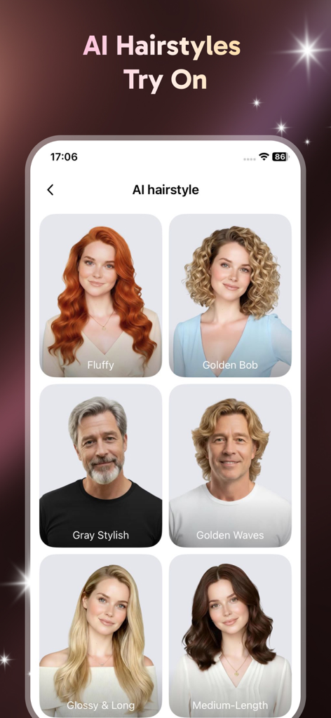 Ein Screenshot der iFizz-App, der ein Raster mit verschiedenen KI-generierten Frisuren für Männer und Frauen zeigt
