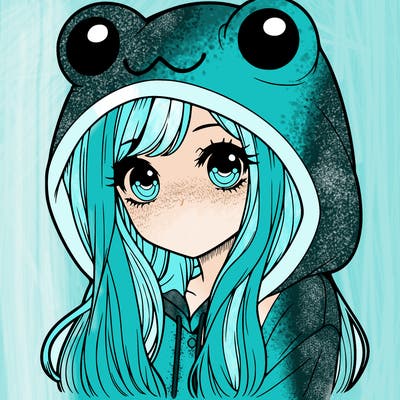 a pretty girl wearing a frog hoodie portrait with long hair