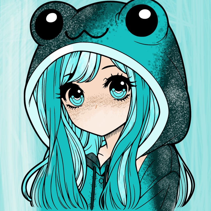a pretty girl wearing a frog hoodie portrait with long hair