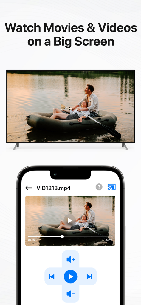 Wireless Display - TV+ - Duplication d'écran d'iPhone d'une vidéo vers un grand téléviseur intelligent avec des commandes de lecture.