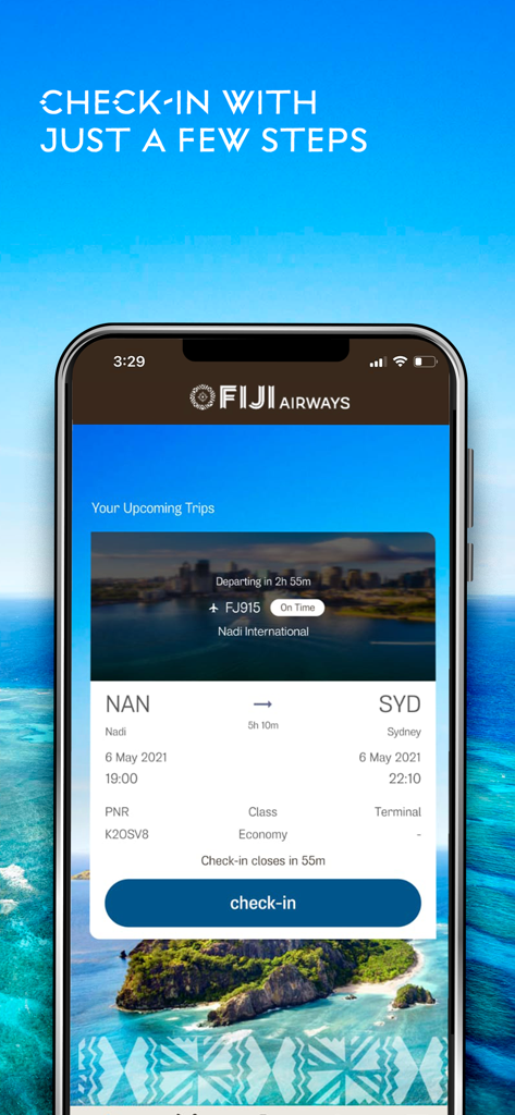 다가오는 여행을 위한 피지 항공 모바일 앱 체크인 화면