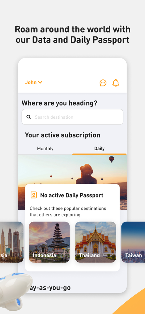 My M1 plus app interface showing the global roaming data and daily passport feature for travelers.