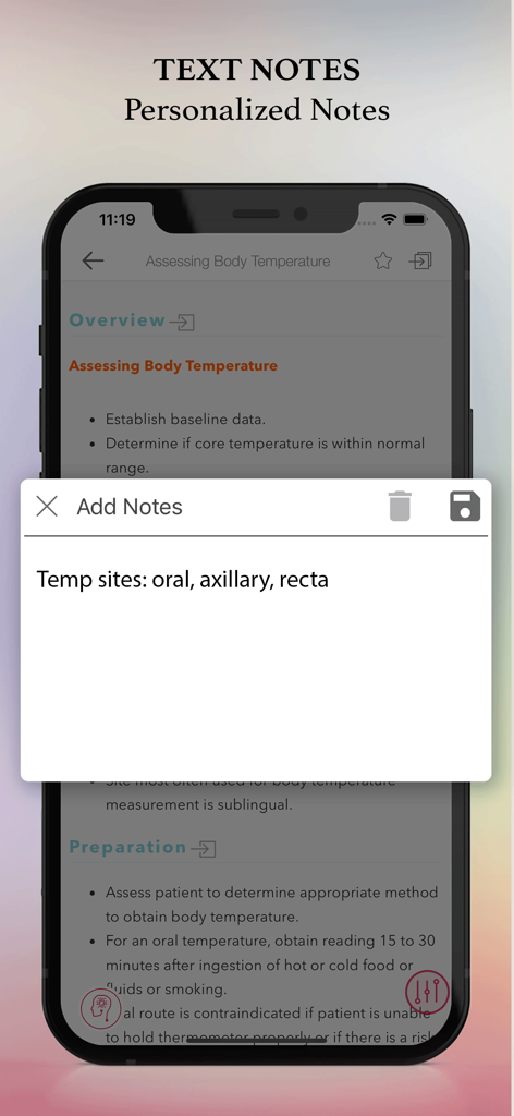 Davis Clinical Nursing Skills - Un display per smartphone che mostra la funzione di note di testo personalizzate nell'app Davis Clinical Nursing Skills per una procedura di valutazione della temperatura corporea.