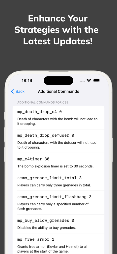 CS2, CS:GO Smoke Nades Guide - A list of Counter-Strike 2 console commands for practice and strategy within the mobile app guide.